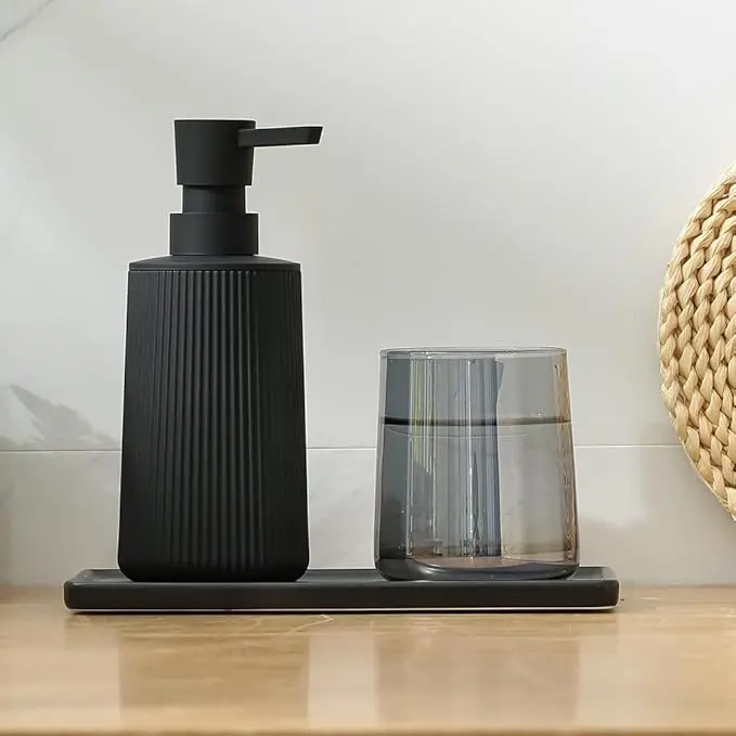 Small Soap Dispenser for Bathroom and Kitchen, Modern Farmhouse Striped Style Plastic Hand Soap Dish Soap Dispenser