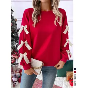 Sweet Style Round Neck Bow Christmas Sweater, Cute Loose-Fitting Kint Fabric, Fall & Winter Fashion, Moderate Thickening