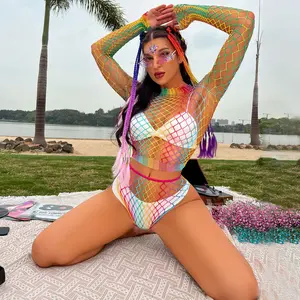 Women's Rainbow Fishnet Cover Up Set Long Sleeve Backless Mesh Bodysuit Bikini Cover Up Beach Swimwear Plus Size Festival Outfit
