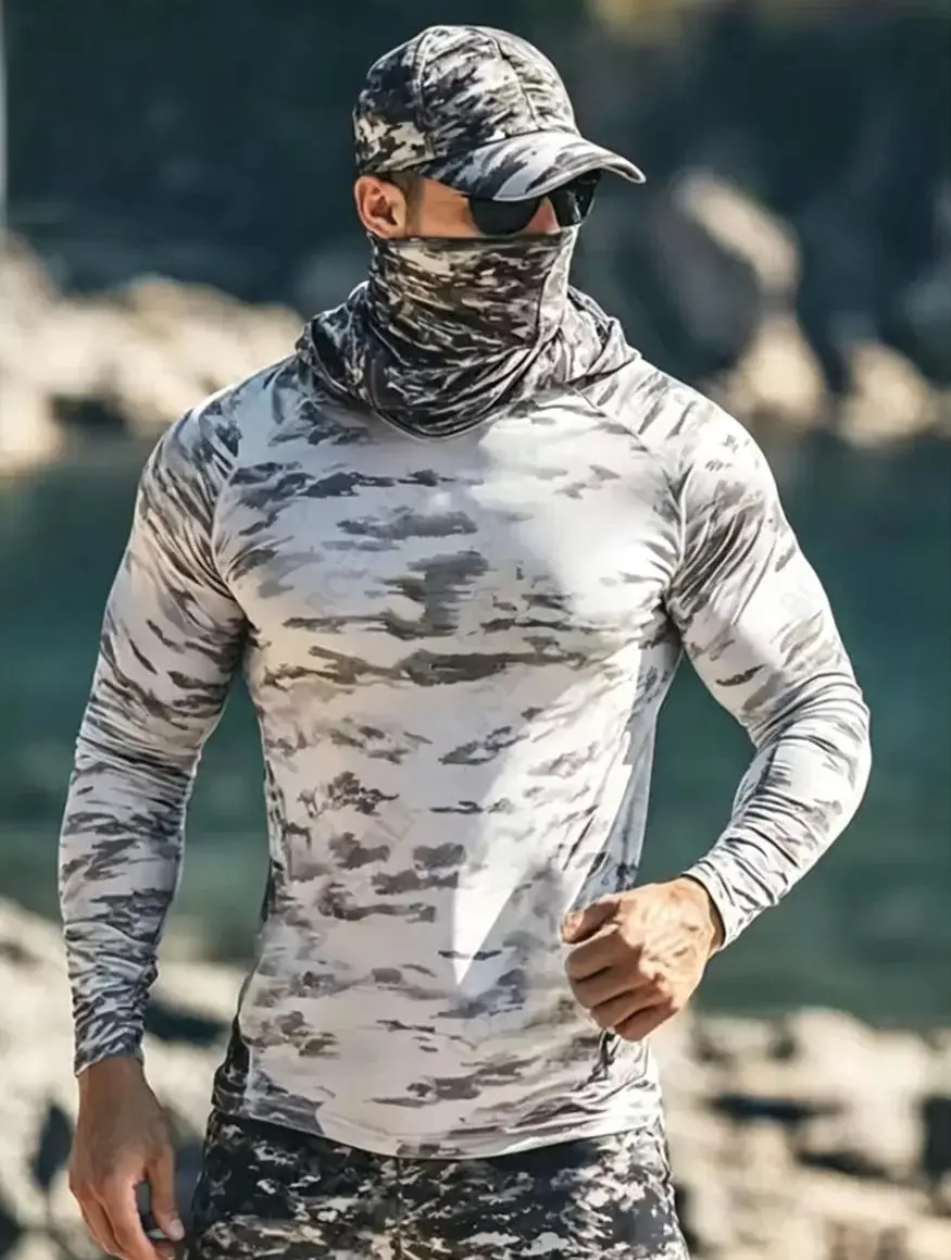 Men's Camouflage Hooded Full Length Top - Quick Dry, Lightweight Male Outdoor Gear, Hooded Cover for Outdoor Hiking, Sports Protective Active Shirt, Holiday Gift sohochic