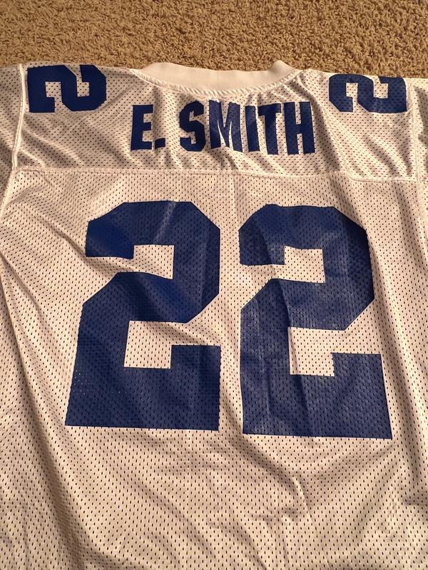Iconic 90s Vintage Dallas Cowboys Emmitt Smith #22 Starter Jersey - White/Blue Mesh (Size 48/L)