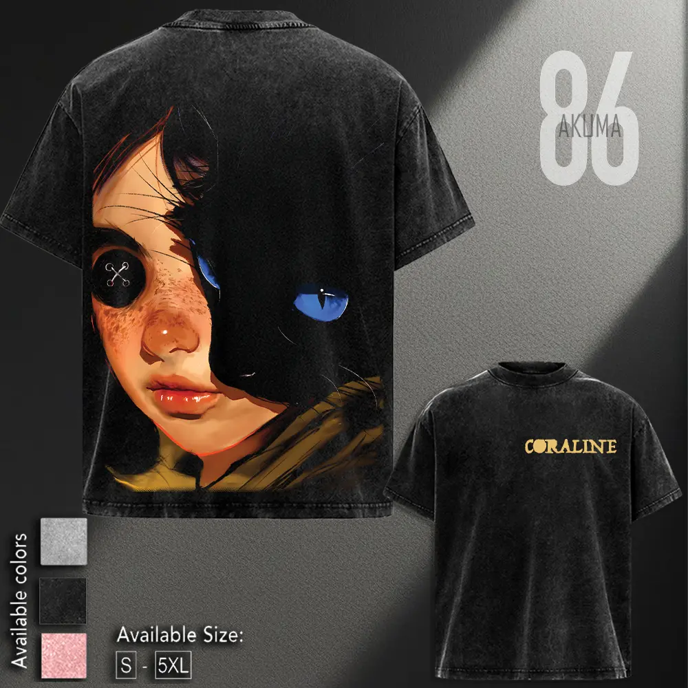 Coraline Retro Vintage Unisex Washed T-Shirt, Tank Top, Hoodie Oversized Unisex Acid Washed Cotton T-Shirt, Donnie Darko Tshirt Gift For Movie Fan, Streetwear Halloween Tshirt Clothes Top Fabric Menswear Casual Breathable