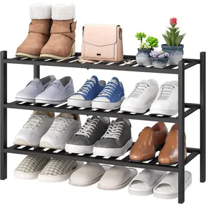3-Tier Black Bamboo Shoe Rack, Stackable Foldable Free Standing Shoe Shelf, Storage Organizer for Entryway Hallway Closet Indoor Outdoor