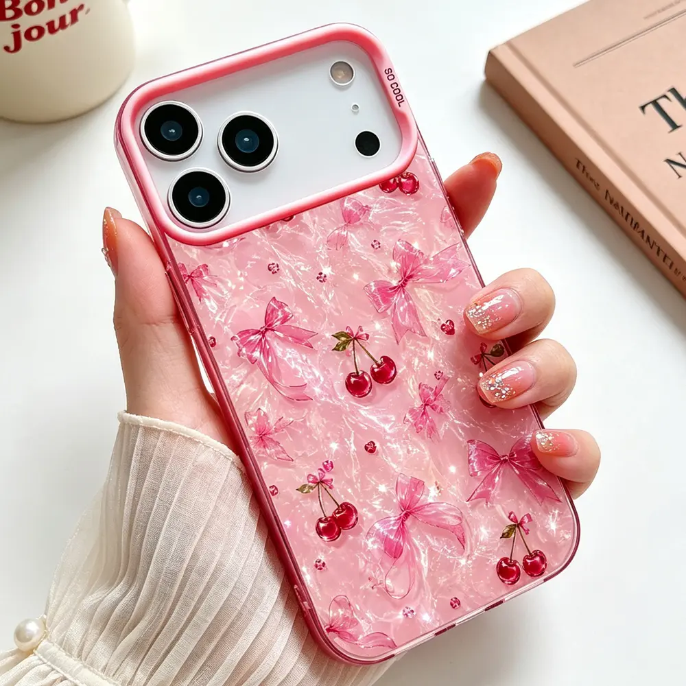 Cute Pink Cherry Bow Glitter Phone Case for iPhone 17/16/15/14/13/12/11 Pro Max Plus Air, Transparent Pink TPU Soft Cover with Anti-Scratch 4-Corner Airbag & Camera Protection, Ideal Gift CYXL260706015