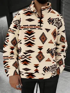 Men's Leopard Print Pocket Half Zip Plush Sweatshirt, Loose Casual Long Sleeve Drop Shoulder Fuzzy Pullover for Winter, Fashion Men's Clothes for Daily Wear