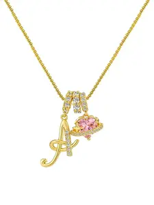 Women's Pink Cubic Zirconia Pendant with Letters and Diamonds, Gold-Plated Fashion Jewelry, Christmas, Birthday, and Anniversary Gift, Heart Initial Necklace