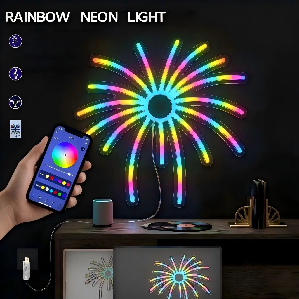 1PC  Fireworks Neon Light RGB LED Wall Lamp Decorative Neon Light with Remote APP Control Music Mode Bedroom Gaming Room Party Decor Neon Led Strip
