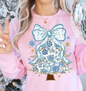 Coquette Blue Christmas Shirt with Colorful Gold Glitter Chinoiserie and Christmas Nutcrackers - Pullover, Fabric Womenswear Fit