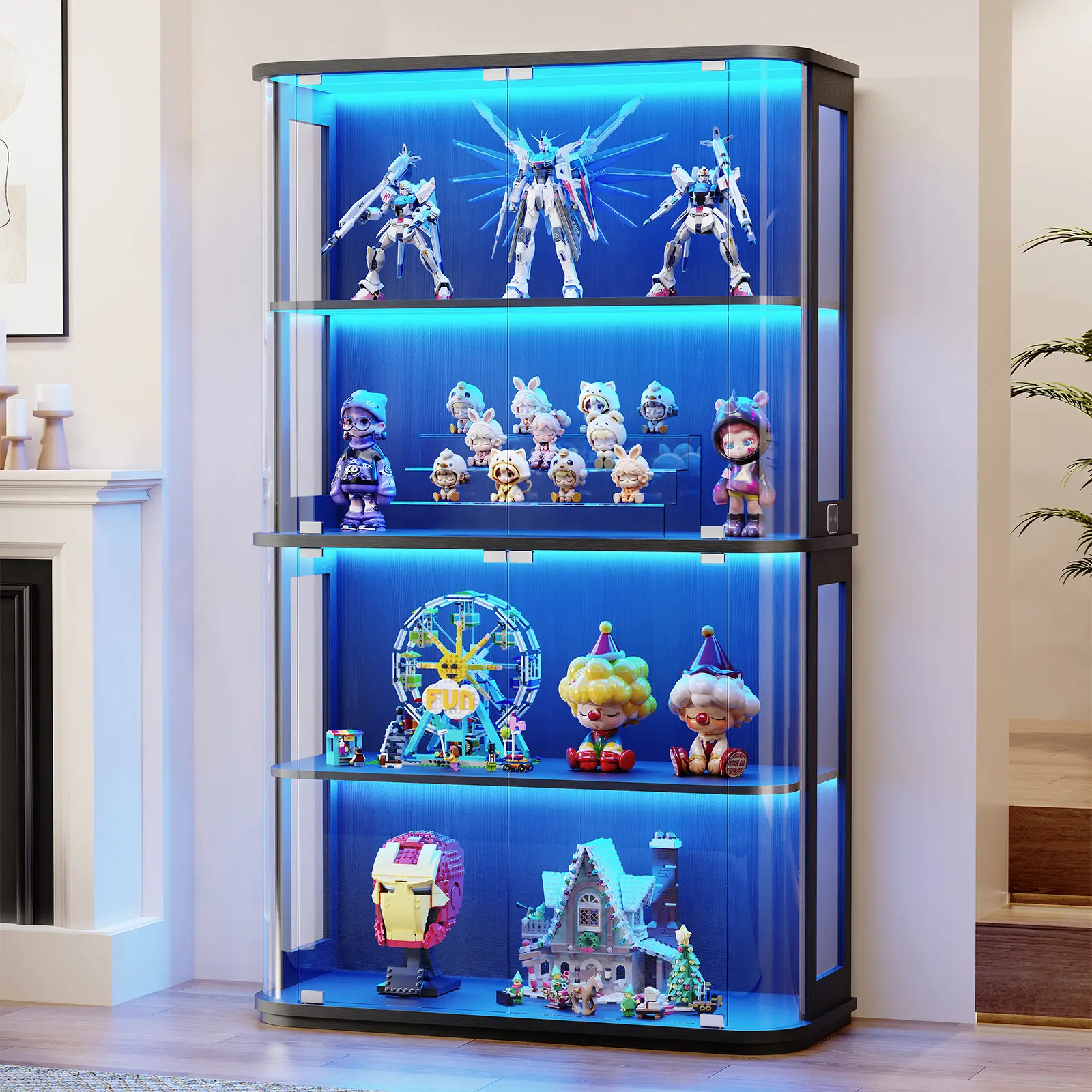 MIIFUNY Large Display Cabinet with Glass Door, 4-Tier Curio Cabinet with 3 Color Lights for Collectibles, Glass Display Case with Transparent Full-Display Surface, Human Body Sensor, Black