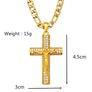 XINCY  Golden Cross Necklace for Men, Advanced Nanotechnology Anti-Fading NK Embossed & Twisted Chain Jesus Crucifix Pendant, 22 Inches Long, Christian Religious Jewelry Gift