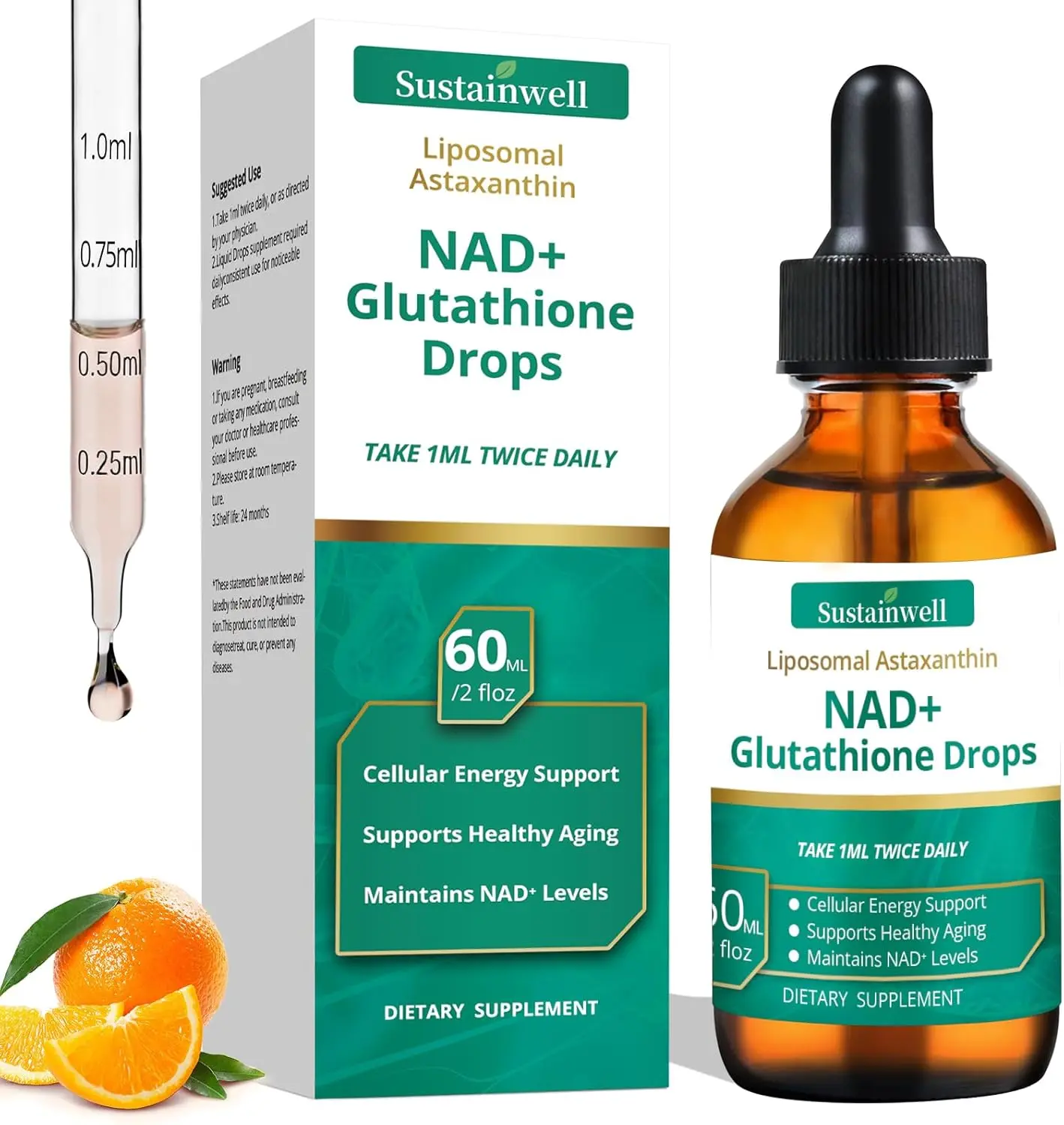 Liposomal NAD+ Glutathione Liquid Drops With Astaxanthin Extra Strength Cellular Energy Defense Dual Antioxidant Action Healthy Aging Fast Absorption High Bioavailability Vegan Non GMO Third Party Tested Nutritional Supplements 2.04 Fl Oz