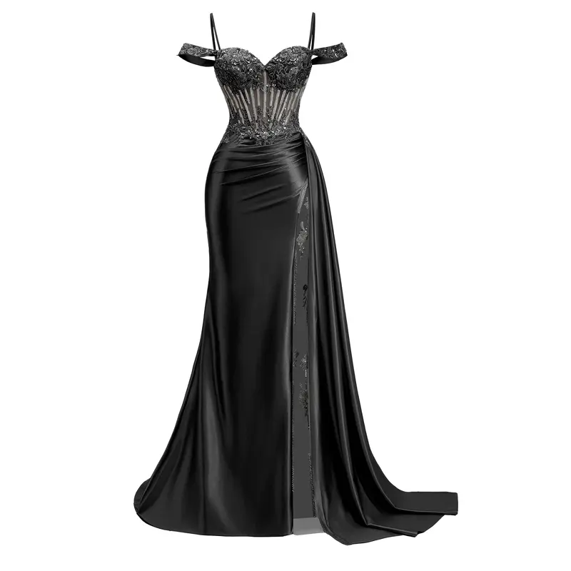 Women's Satin Prom Dresses Long Off Shoulder Formal Dresses Slit Mermaid Lace Beaded Evening Gown with Tail,Normal Type,Lace up back, Ladies Clothes for All Seasons