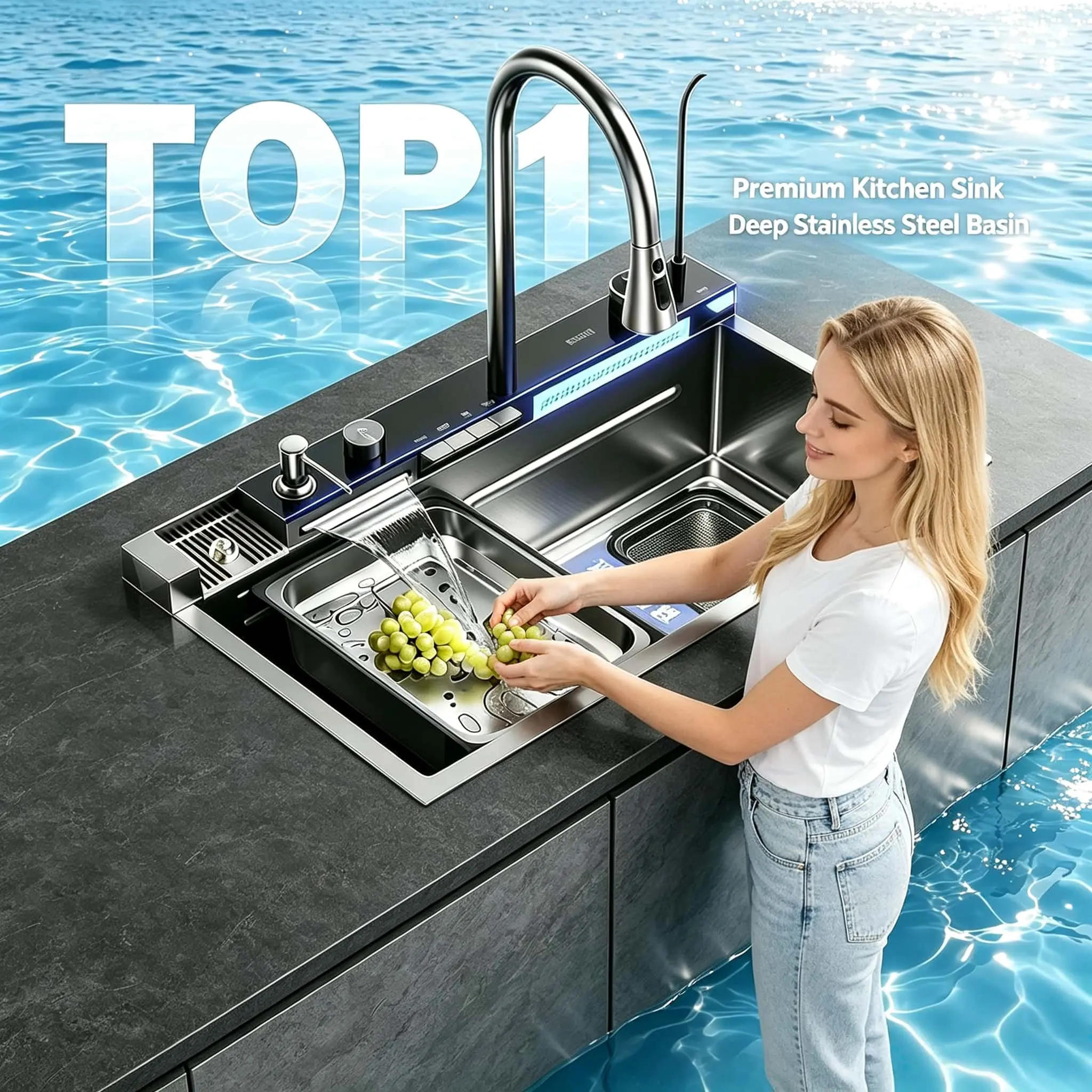 Smart Digital Display Integrated Kitchen Sink Set Temperature Control Waterfall Water Purifier Soap Dispenser Cup Washer