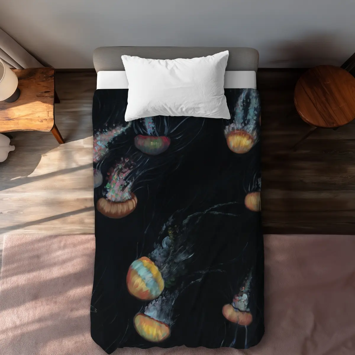 360 stand Decorative Duvet Cover Set - Glow-in-the-Dark Colorful Jellyfishes Design, Twin Size Linen Bedroom Bedding Set for Home Decoration, Glow-In-The-Dark Duvet Covers, Bedding Inspo, Coastal Bedroom