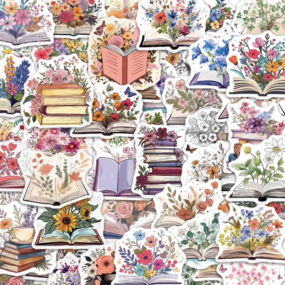 50PCS Retro Flower Books Stickers Exquisite Handbooks Materials Phone Cases Laptop Suitcases Water Cups Waterproof Stickers