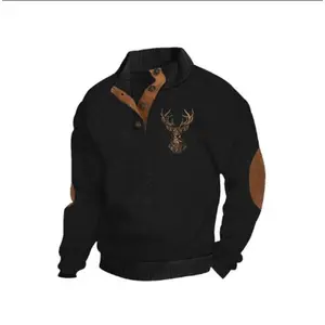 2025's Latest Sweatshirts    Men's Reindeer Print Patchwork Contrast Trim Jacquard Sweatshirt, Regular Fit Casual Comfy Long Sleeve Half Button Front Stand Collar Pullover for Spring & Fall, Fashion Men's Top for Daily Wear