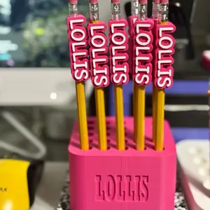 Pencil Holder and Pencil Topper Set with Pink Design and Personalized Name Tags on Yellow Pencils