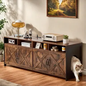 Double Cat Litter Box Enclosure for 2 Cats, 63" Hidden Litter Box Furniture with Outlet Power, Farmhouse Large Litter Box Cabinet TV Stand, 63 x 17.7 x 23.6 in, Black Brown