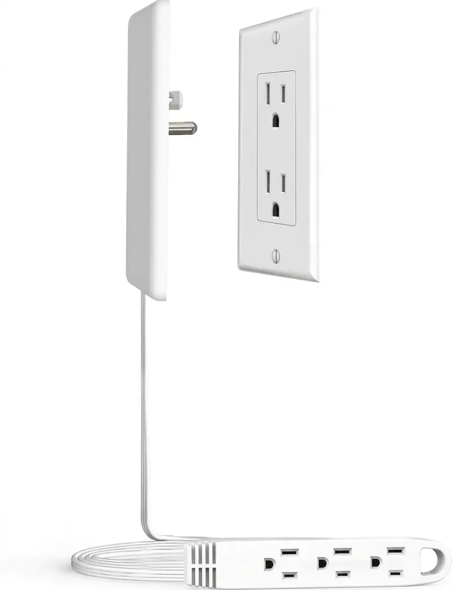 Ultra-Flat Plug 3FT Extension Cord Power Strip with 3 Outlets Patented Detachable Ultra-Thin Outlet Cover Concealer 13A 125V 1625W Max ETL Listed White for Phones Electronics Audio Video Accessory Space-Saving Design