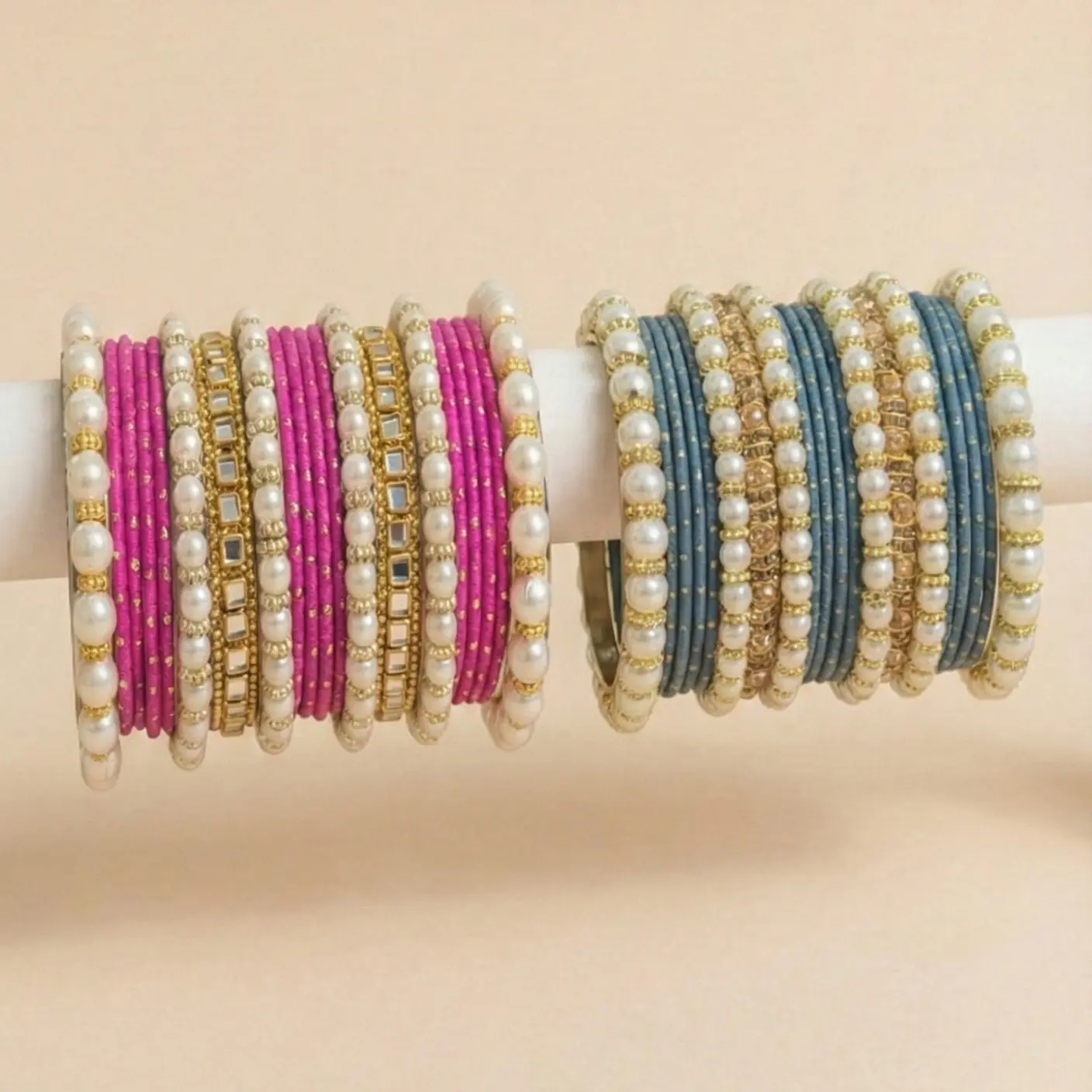 Maharani Pearl Gold Toned Metal Bangle Set - 20pcs Bangles Bracelets Set, Bracelet Bundle, Festive Outfits Stack, Wedding Occasion Chura Accessory