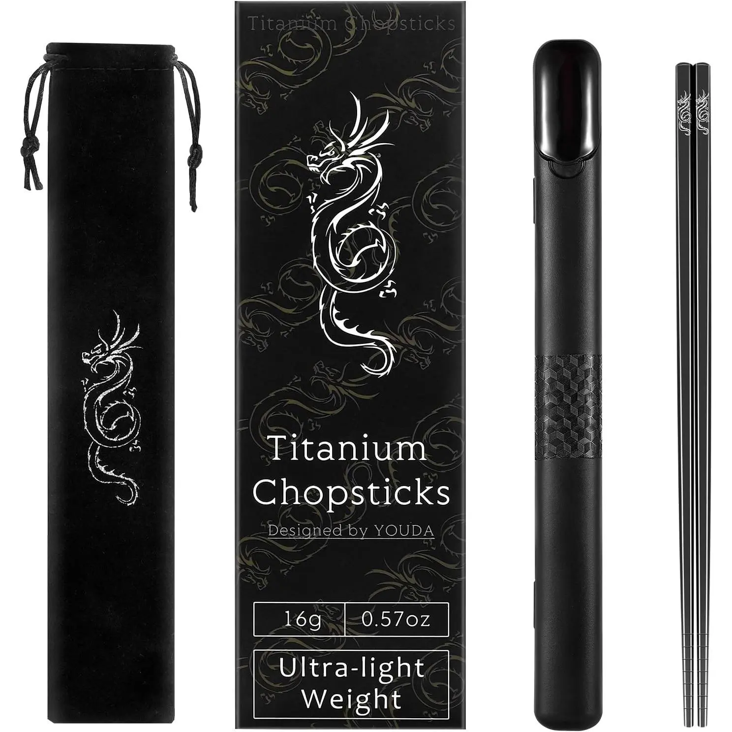 Sturdy Titanium Chopsticks Set (1 Pair) with Chinese Loong Engravings, Black Portable Cutlery Carrying Case, Dishwasher-Safe, Ultralight for Camping, Home