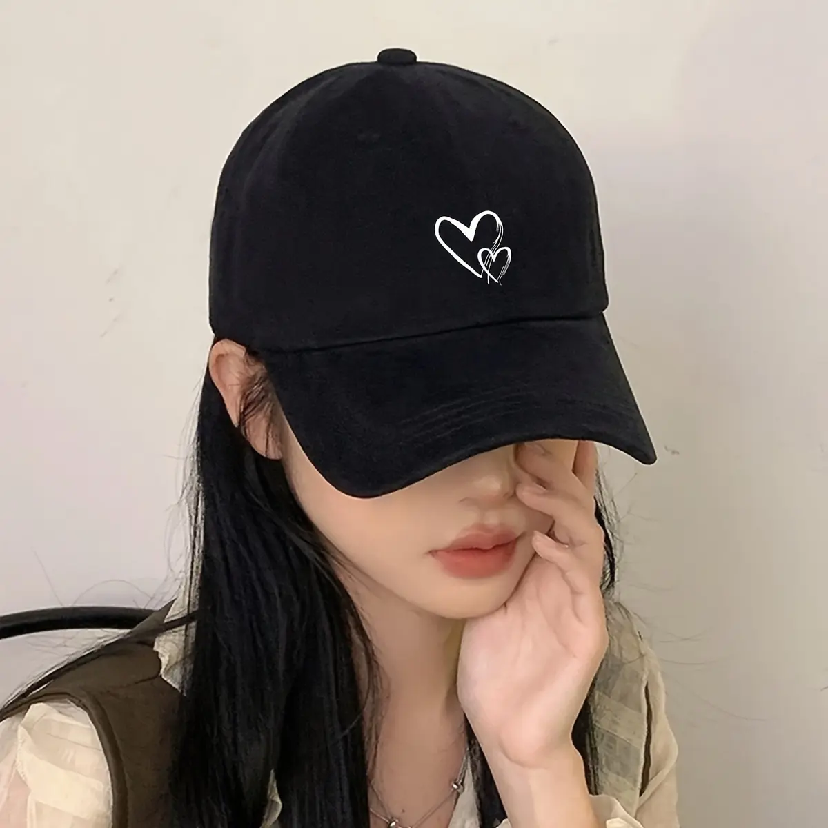1 heart-shaped print women's baseball cap, outdoor sun protection hat Snapback Black Caps
