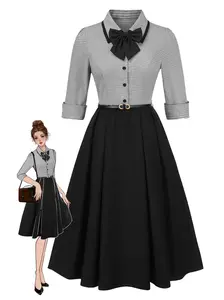 1950s Houndstooth Detachable Bow Collar Dress with Classic Button Front and Flared Skirt for Vintage Style Rayon Clothes Womenswear Basic