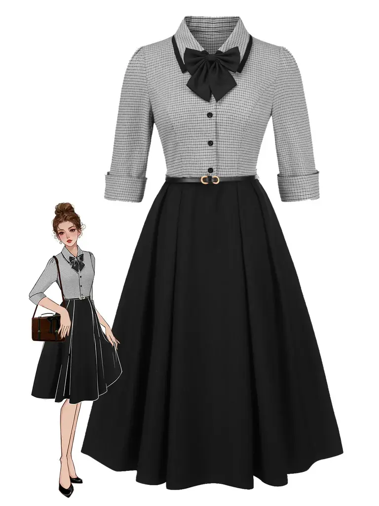 RETRO STAGE Lady's Fitted 1950s Houndstooth Casual Dress, Vintage Rayon Clothing with Detachable Bow Collar, Button Front, Flared Skirt, Hidden Zipper for Casual Wear