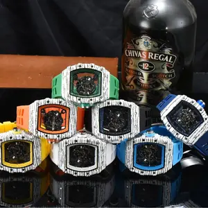 Richard Hollow Transparent Bottom Barrel-Shaped Wristwatch, Wood Grain Colorful Transparent Popular Quartz Watch for Men and Women, Fashion Accessory, Holiday Gift