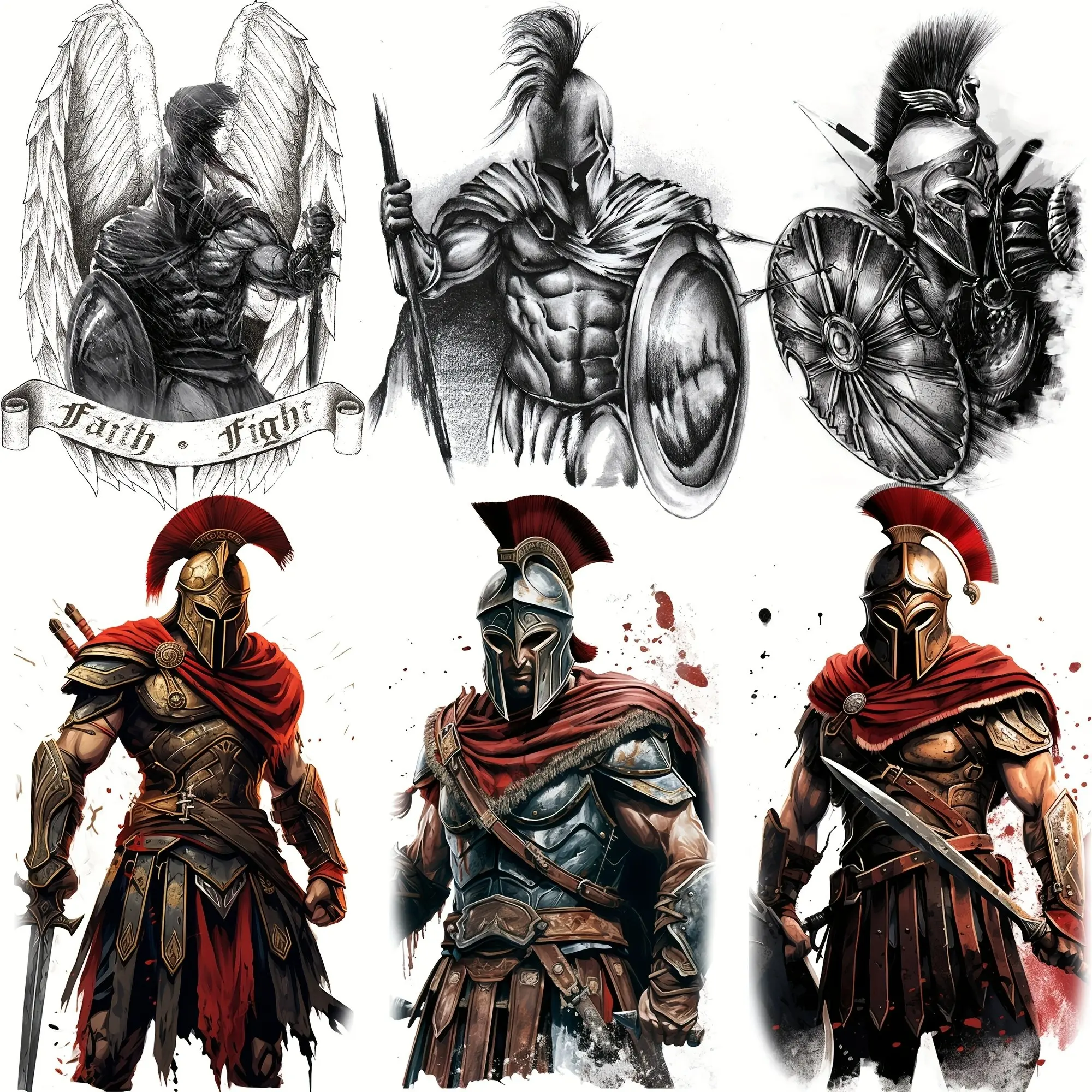 6 Sheets Tribal Large Arm Sleeve Spartan Warrior Temporary Tattoos, Ancient Roman Tattoo Stickers, Fake Knight Tattoo Paper for Men Women Adults