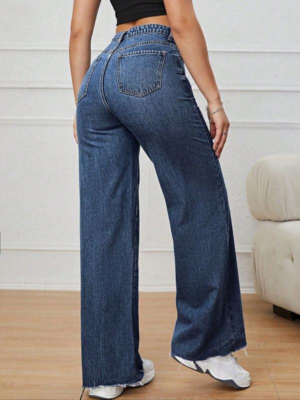 Women's Vintage Denim Jeans, Diagonal Button Design, Ultra-Long Straight Wide Leg, Casual Style, All Seasons Daily Wear