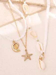 3pcs/Set Fashionable Unique Delicate Beach Vacation Ocean Style Shell, Pearl, Seashell, Starfish Beaded Multi-Layer Necklace Set For Women, Suitable For Daily Wear, Festivals And Parties