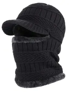 Men's Baseball Cap Scarf Knit Hat Beanie, Wool Lined, Warm Windproof Hood, Winter Outdoor Cycling Gear, Ski Fleece Face Mask