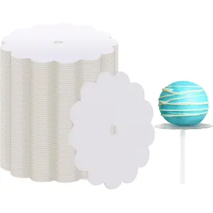 100 Pcs 2 Inch White Scalloped Cake Pop Boards with Hole Mini Round Candy Cake Base Cardboards for Baby Shower Birthday Wedding Party Dessert Supplies