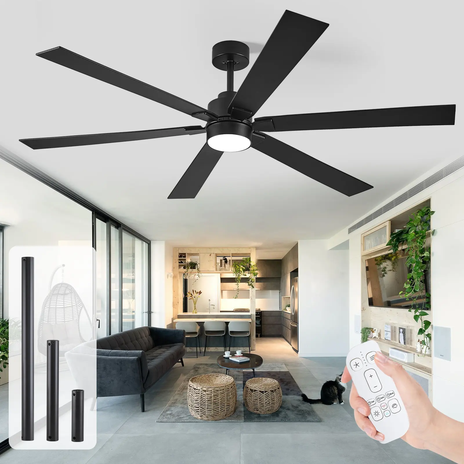 66" Modern Industrial Ceiling Fan with Dimmable LED Ceiling Lights - 6-Blade Design, Reversible DC Motor, 6-Speed Remote Control, Ideal for Large Rooms, Living Room - Energy-Efficient Air Circulation System, Dimmable Ceiling Lights