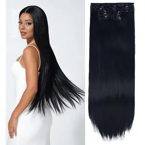 Hair Extension Clip Straight Invisible 24 Inch Long Thick Synthetic Clip in Extensions 6PCS Soft and Beautiful Black Hairpieces Heat Resistant for Women Girls Weddings Party Daily Use full head coverage clip-in extension holiday use