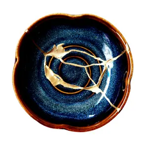 Handcrafted Cosmic Blue Kintsugi Ceramic Dish - Small Deep Ocean Wabi-Sabi Art - Meaningful Gift for Mother, Father & Family (9 x 2.5 cm)