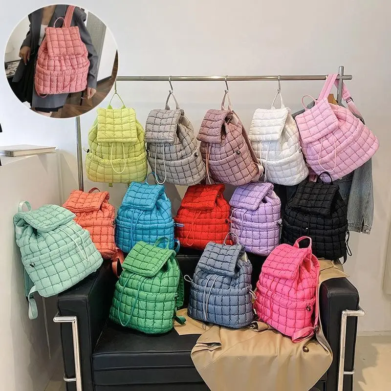 Quilted Puffy Down Padded Women Backpack Large Cotton Travel School Bag Plaid Shoulder Bag
