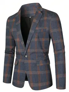 Men's Plaid Print Button Front Flap Pocket Blazer, Regular Fit Tailored Long Sleeve Lapel Neckline Suit Jacket for Business Formal Occasions, Designer Men's Clothes, Fashion Men's Clothing for Fall & Winter, Menswear, Coat, Suit Coats Work