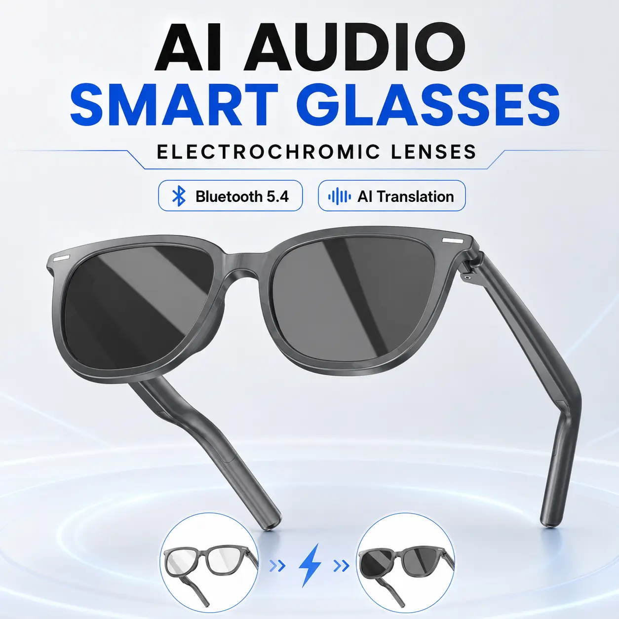AI Audio Smart Glasses with Electrochromic Lenses, Multi-Language AI Translation, Bluetooth 5.4, Microphone & Speakers, HD Voice Calls, HiFi Music, Hands-Free Calling, Lightweight TR90 Smart Eyewear for Men Women, Cycling, Driving & Travel