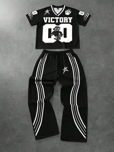 Trendy Streetwear Short-Sleeve Long Pants Set, Oversized Short-Sleeved + Straight-Leg Leopard Print Sweatpants, High-Street Hip-Hop Style, Trendy Two-Piece