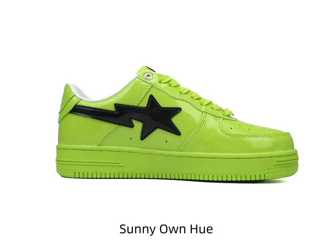 Unisex Neon Lime Green Gloss Patent Leather Low Top Skate Sneakers Black Star Accent Casual Shoes