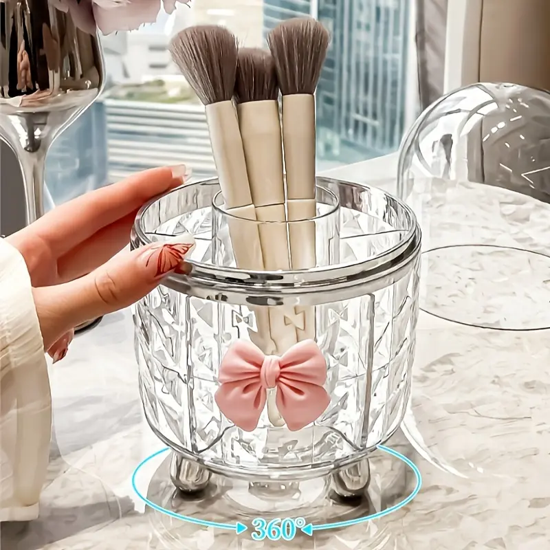 High-End Transparent 2-Piece Plastic Beauty Organizer Set - Base + Lid, 360° Smooth Rotating Dustproof Rotating Box, No-Installation Vanity Organization Tabletop Storage for Brushes, Lipsticks, Eyeliner Pens
