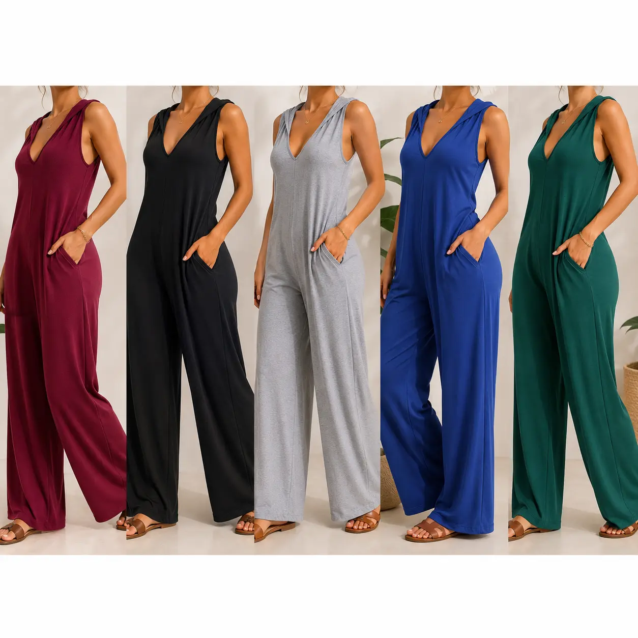 R4 Womens Sleeveless V Neck Hooded Wide Leg Jumpsuit with Pockets, Soft Stretch One Piece Romper, Casual Loose Summer Jumpsuit for Daily Wear, Travel, Vacation, Lounge & Beach Outfits Overalls Womenswear