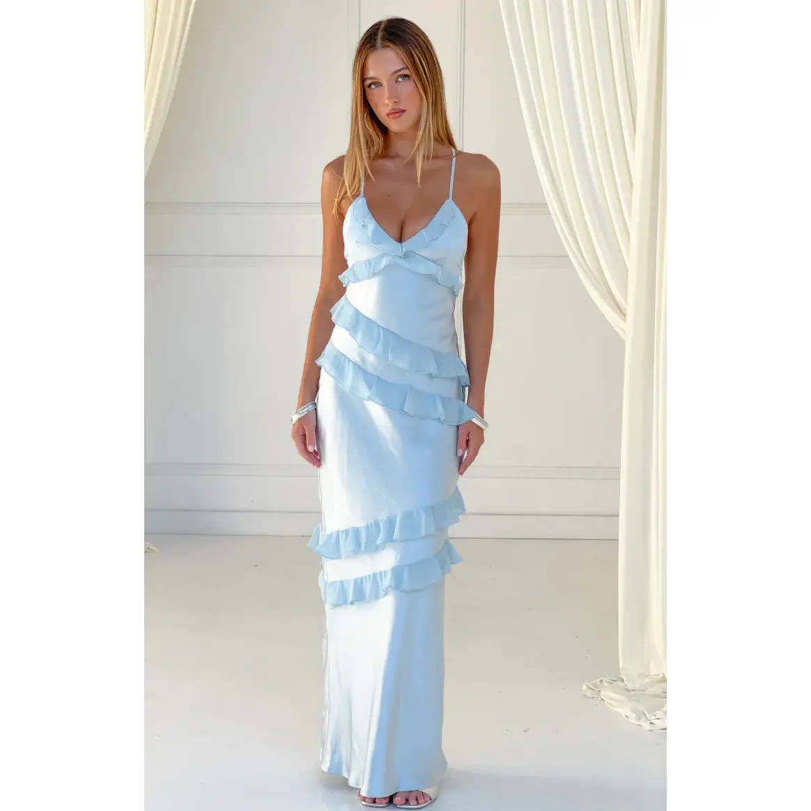 Inara Blue Ruffle Maxi Dress