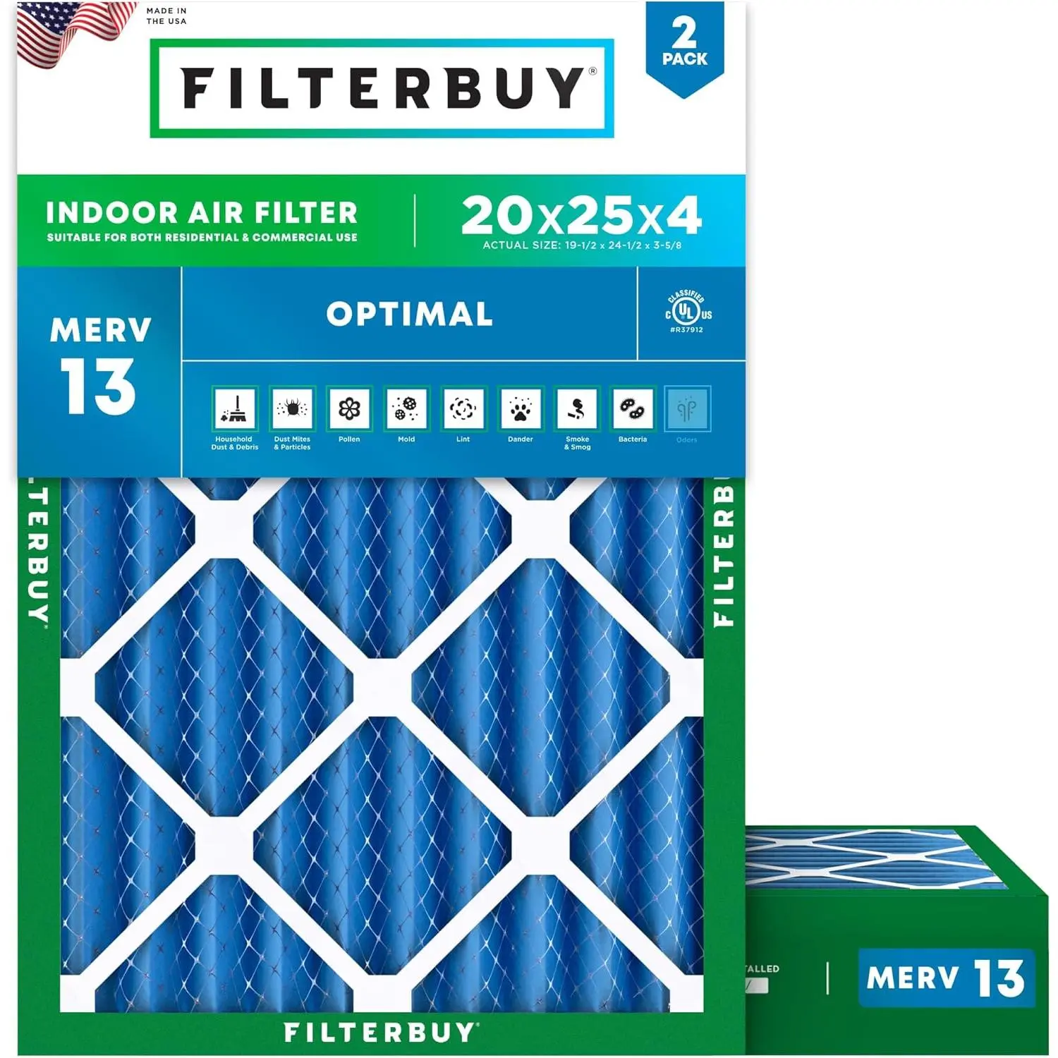 Filterbuy 20x25x4 Eco-Friendly HVAC AC Furnace Air Filter (2-Pack Value), Pleated Electrostatically Charged MERV 13 Optimal Defense Filter, Actual Size 19.50x24.50x3.63 In, Endures 200°F Temp, Withstands Moisture, Endures Temperatures Up To 200°F