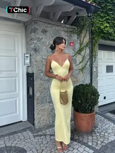 Pure Color Strapless Sleeveless Slimming Long Dress Women, Fine Shoulder Straps V Neck Waist Cinching Backless Formal Evening Party Elegant Gown