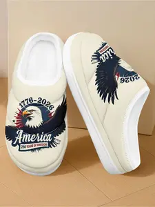 Men’s Casual Home Plush Warm Slippers Beige American Eagle “1776 - 2026” Print Comfortable Patriotic Indoor Home Slippers for Veterans
