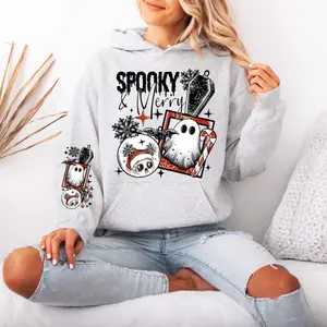 Spooky and Merry Gildan hooded Sweatshirt with Sleeve design unisex sizing womenswear comfortable soft Casual Pullover Tops Fabric Pocket Mint Green Green Spandex Cotton