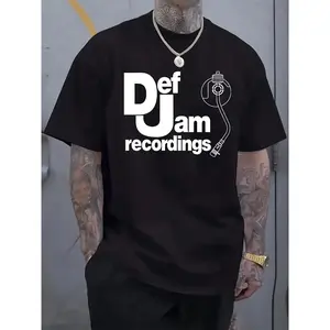 Men's Black Short-Sleeve Round Neck Casual Menswear T-Shirt - Polyester-Cotton Blend Fabric, Def Jam Recordings White Text Print, Microphone Graphic, Hem Detail, Loose Urban Fit, Ideal for Music Lovers, Concerts
